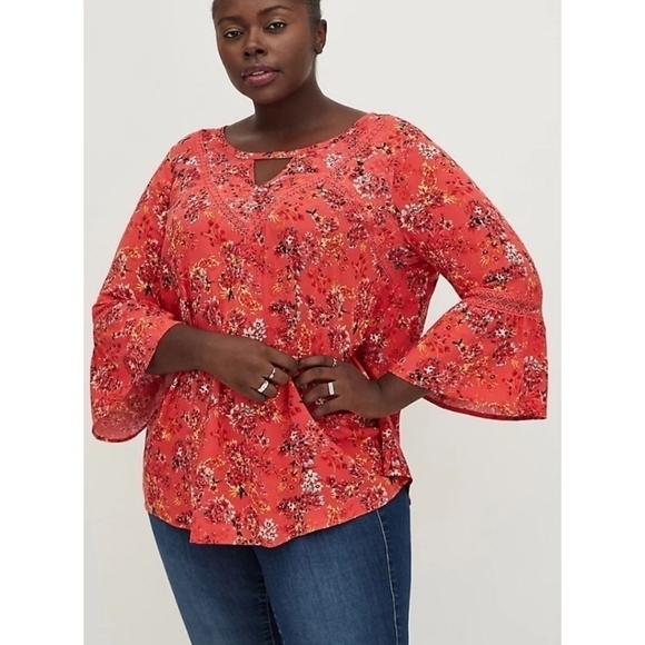 Torrid Orange Floral Bell Sleeve Blouse NWT - Picture 1 of 14